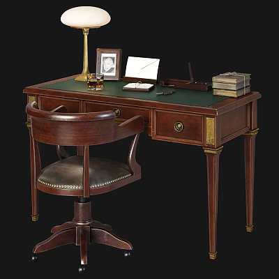 Dark Wooden Desk With Green Top Lamp Photo Frame Notebook Stacked Books And Leather Chair 3d model