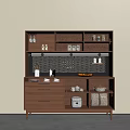 Modern Wooden Sideboard With Metal Mesh Shelves Drawers And Tableware Storage