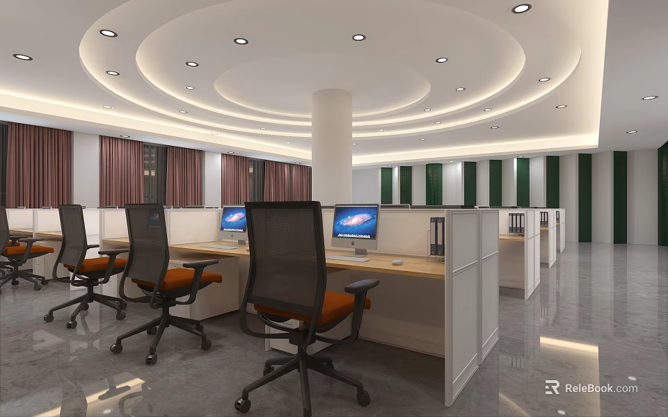 Modern Public Office Space With Cubicles Computers Ergonomic Chairs And Ceiling Lighting 3d model 