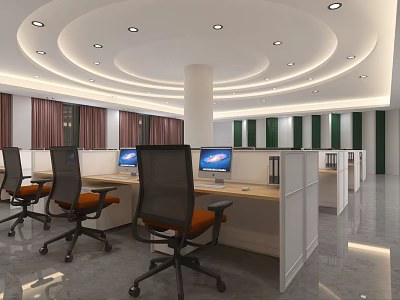 Modern Public Office Space With Cubicles Computers Ergonomic Chairs And Ceiling Lighting 3d model