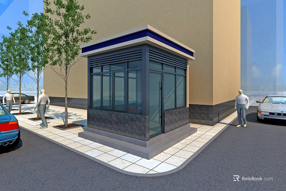 Modern Glass Storefront With Yellow Brick Wall Gray Base And Trees On Sidewalk 3d model 