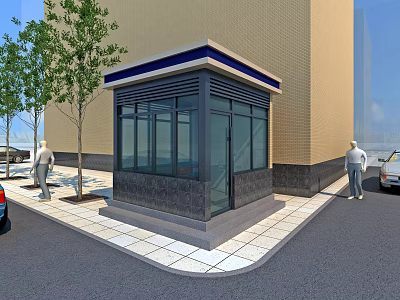 Modern Glass Storefront With Yellow Brick Wall Gray Base And Trees On Sidewalk 3d model