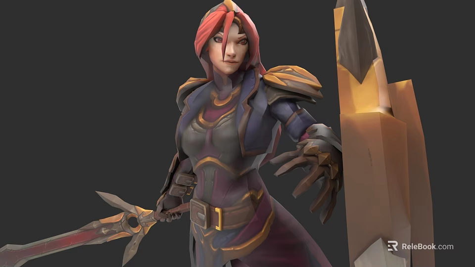 Game Anime Female Character With Red Hair And Gold Purple Accents Armor Holding Sword 3d model 