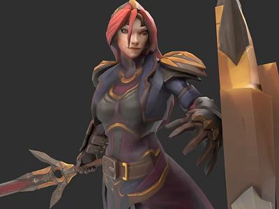 Game Anime Female Character With Red Hair And Gold Purple Accents Armor Holding Sword 3d model