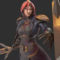 Game Anime Female Character With Red Hair And Gold Purple Accents Armor Holding Sword