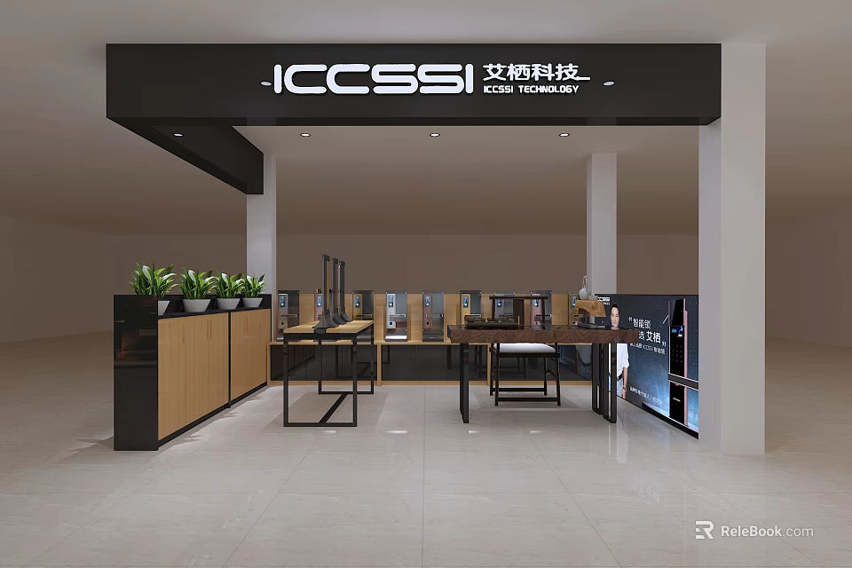 ICCSSI Showroom Interior With Display Cabinets Potted Plants And Product Tables 3d model 
