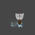 Floating Pirate Ship Model With Skull Flag White Sails And Water Reflection