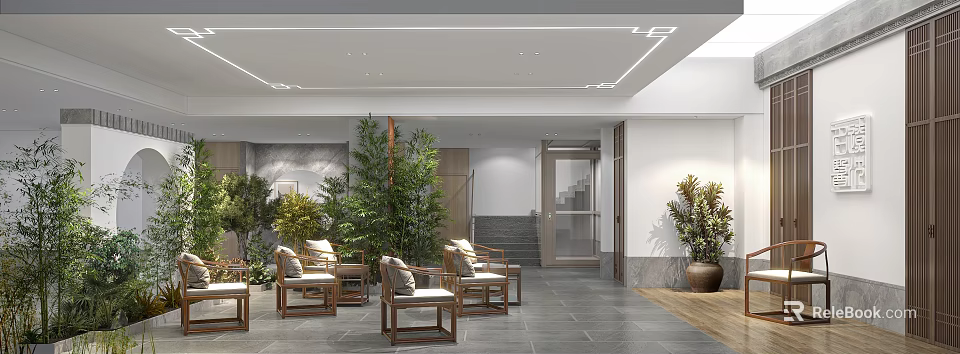 Modern Chinese Front Desk Reception Area With Wooden Chairs Green Plants And Staircase In Lobby 3d model 