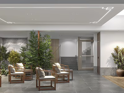 Modern Chinese Front Desk Reception Area With Wooden Chairs Green Plants And Staircase In Lobby 3d model