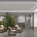 Modern Chinese Front Desk Reception Area With Wooden Chairs Green Plants And Staircase In Lobby