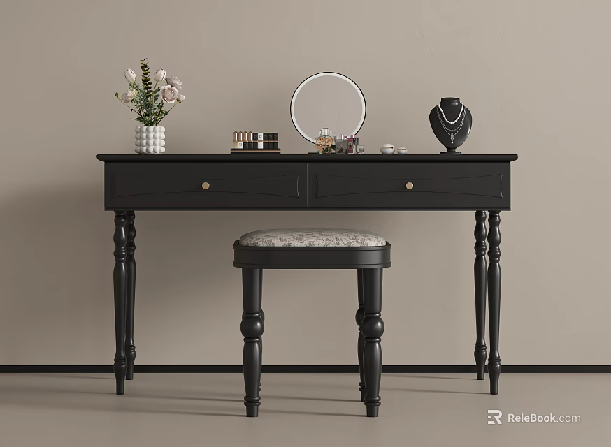 Elegant Black Dressing Table with Round Mirror Cosmetics Jewelry and Patterned Stool 3d model 
