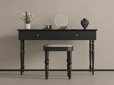 Elegant Black Dressing Table with Round Mirror Cosmetics Jewelry and Patterned Stool 3d model