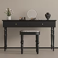 Elegant Black Dressing Table with Round Mirror Cosmetics Jewelry and Patterned Stool