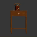 Vintage Red Electronic Telephone with Dial and Receiver on Wooden Side Table with Drawer