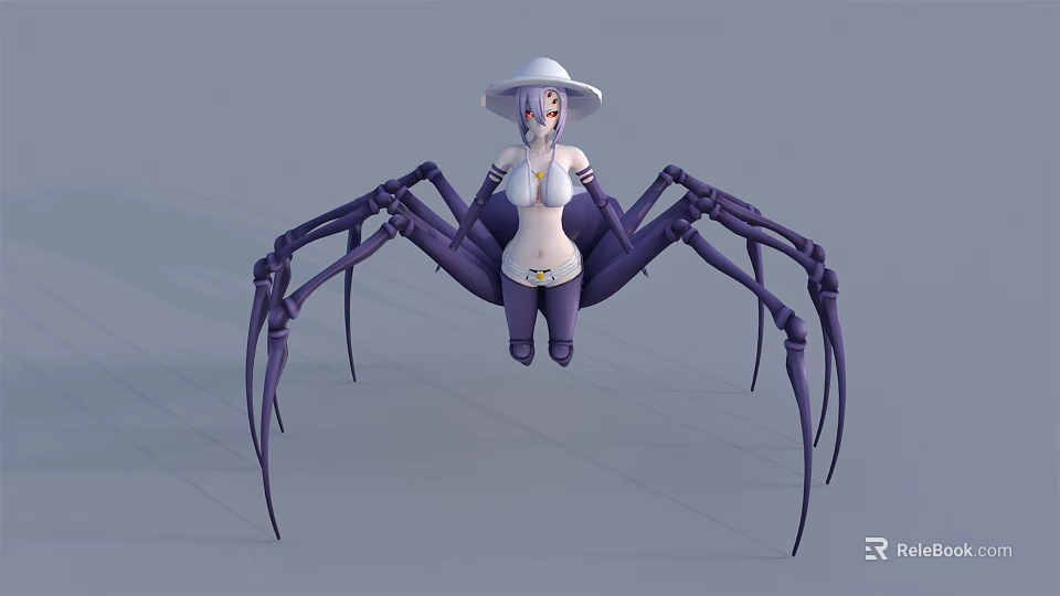 Female Half Human Spider Character With White Hat Purple Hair Spider Body Purple Legs 3d model 