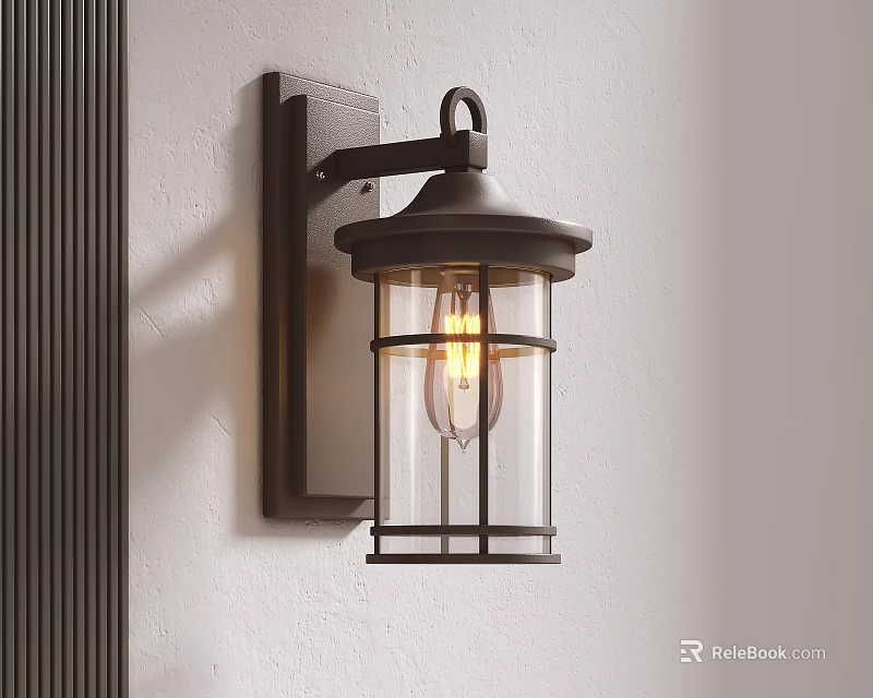 Dark Metal Wall Sconce With Transparent Glass Shade And Lit Warm Light Bulb 3d model 