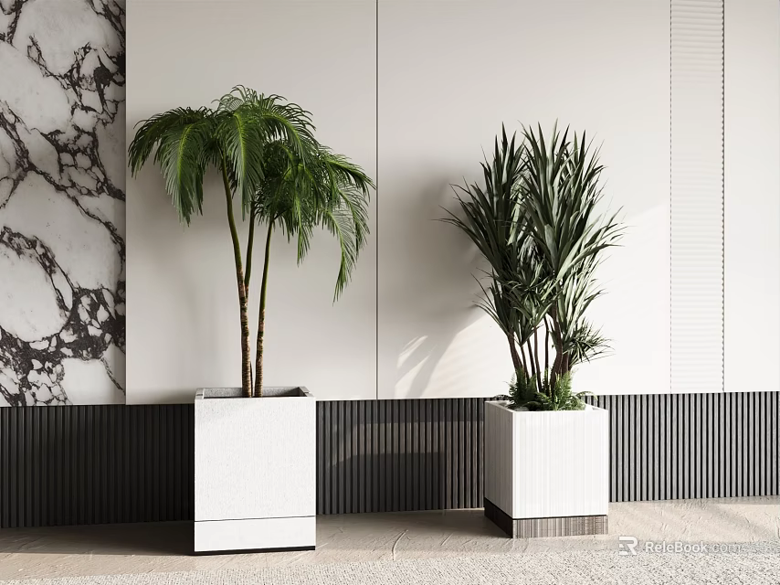 Indoor Decorative Potted Plants in White Square Planters with Marble Wall and Black Striped Accents 3d model 