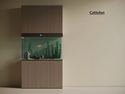 Modern Wooden Cabinet With Built-in Aquarium Featuring Goldfish Aquatic Plants And Stones 3d model