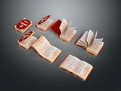 Open Books With Red Covers Displaying Text On Pages Arranged Together 3d model