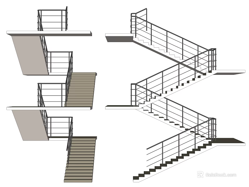 Multiple Modern Staircase Design With Railings And Structural Diagrams For Home And Office 3d model 