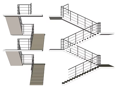 Multiple Modern Staircase Design With Railings And Structural Diagrams For Home And Office 3d model