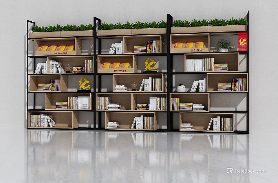 Modern Bookshelf With Multilayer Wooden Shelves Colorful Books And Green Plants On Top 3d model 