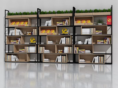 Modern Bookshelf With Multilayer Wooden Shelves Colorful Books And Green Plants On Top 3d model