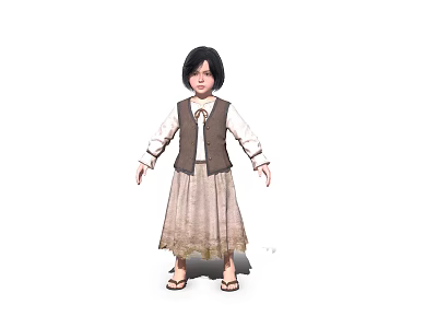 A Woman In White Shirt Brown Vest Beige Skirt With Black Short Hair And Sandals 3d model
