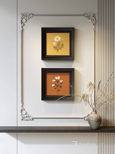 Elegant Botanical Paintings with Black Frames Orange Backgrounds and White Flowers on Wall with Vase 3d model 