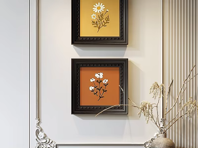 Elegant Botanical Paintings with Black Frames Orange Backgrounds and White Flowers on Wall with Vase 3d model