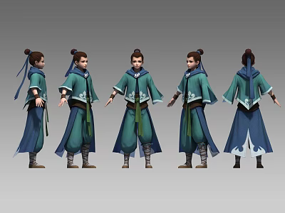 Man Wearing Traditional Green Blue Robe With Belt Topknot Different Angles View 3d model