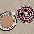 Round Rugs With Brown Center Pink Black Diamond Pattern And Decorative Edges On Wooden Floor