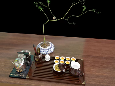 Traditional Tea Set with Teapot Cups on Bamboo Tray and Potted Plant on Wooden Table 3d model