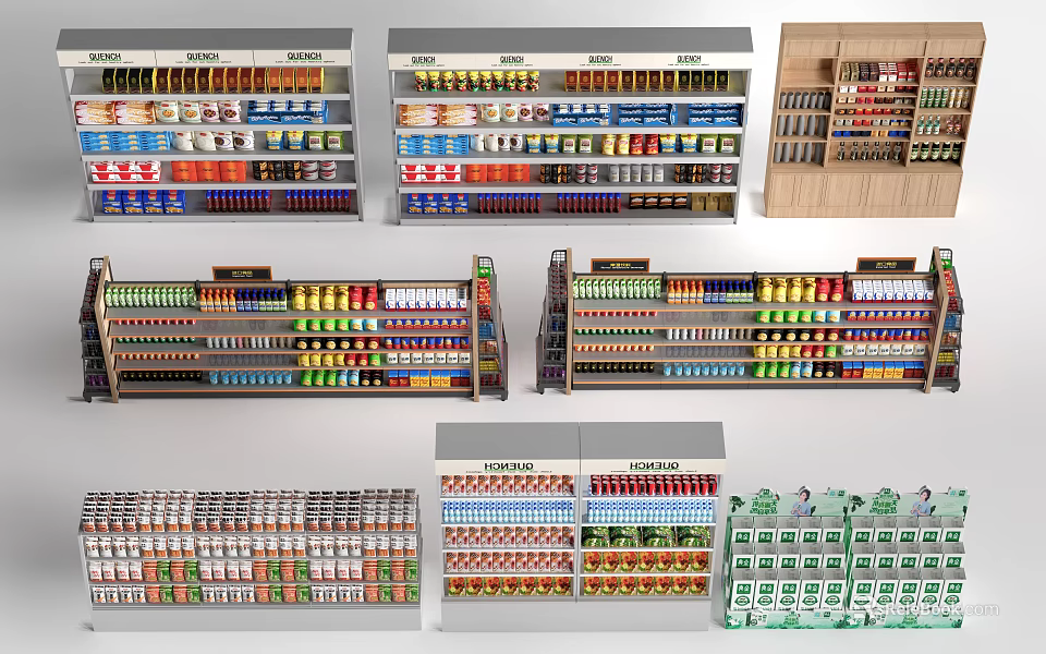 Retail Display Shelves with Organized Food Beverage and Canned Goods Arrangement 3d model 