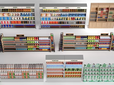 Retail Display Shelves with Organized Food Beverage and Canned Goods Arrangement 3d model