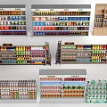 Retail Display Shelves with Organized Food Beverage and Canned Goods Arrangement