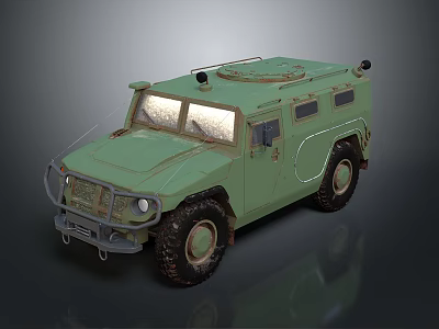 Green Military Off Road Vehicle With Worn Exterior Large Tires And Roof Equipment 3d model