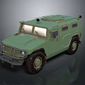 Green Military Off Road Vehicle With Worn Exterior Large Tires And Roof Equipment