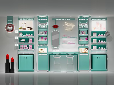 Elegant Teal Cosmetics Store With Display Shelves Mirror Counter Skincare Products And Lipstick 3d model