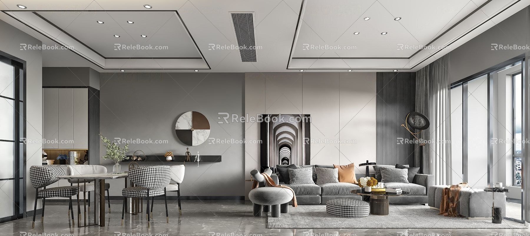 Modern Premium Grey Living Room Dining Room 3d model