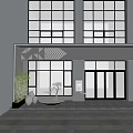 Modern Storefront Design With Geometric Patterns Glass Doors Green Plants And Decorative Sculpture
