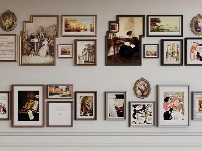 Gallery Wall Decor With Various Framed Artworks And Mixed Style Pieces 3d model