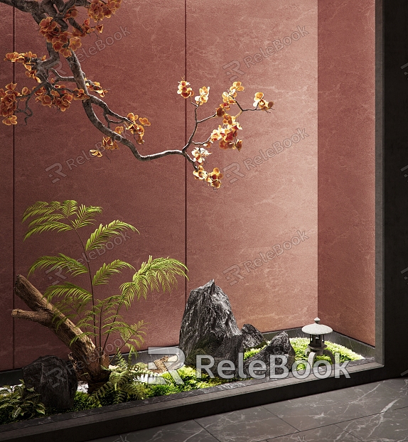 Modern Interior Landscape Landscaping Stone Fern Plant Light Dead Wood Moss Gravel model