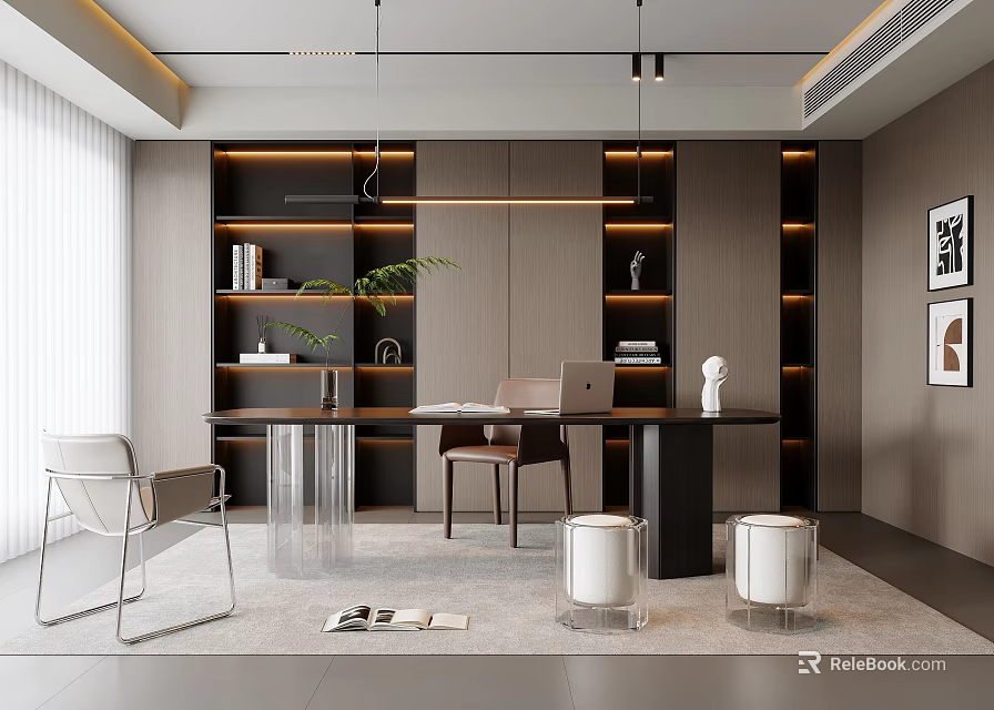 Modern Study Room Interior With Built in Bookshelves Wooden Desk Leather Chair And Green Plant 3d model 