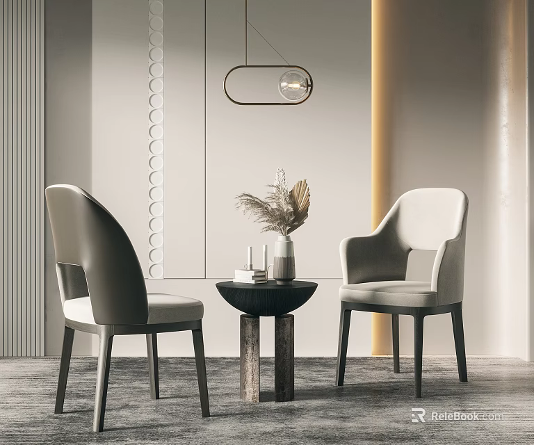 Modern Round Table With Light Gray Chairs Hanging Lamp And Dried Flowers In Minimalist Interior 3d model 