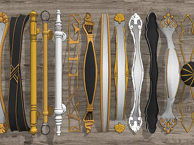 Decorative Metal Furniture Handles With Various Designs And Gold White Black Colors On Wooden Background 3d model