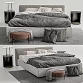 Modern Double Bed With Gray Bedding Pillows Stool Bedside Tables And Rug 3d model