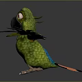 Cartoon Parrot With Green Body Yellow Wings Blue Tail Feathers Standing With Spread Wings