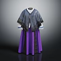 Traditional Dark Gray Cape With White Blue Striped Sleeves And Purple Black Skirt