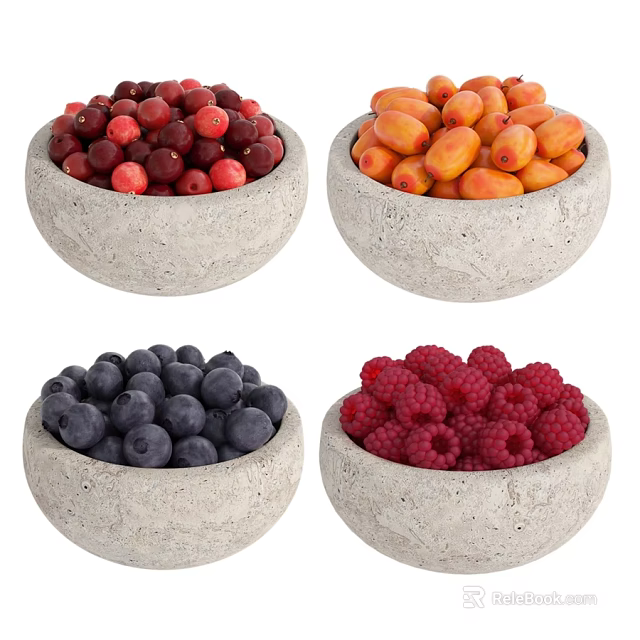 Fresh Mixed Fruits in Stone Bowls with Cranberries Apricots Blueberries and Raspberries 3d model 